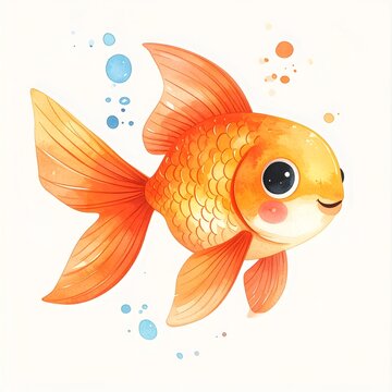 Minimalist watercolor illustration of Cute cartoon goldfish