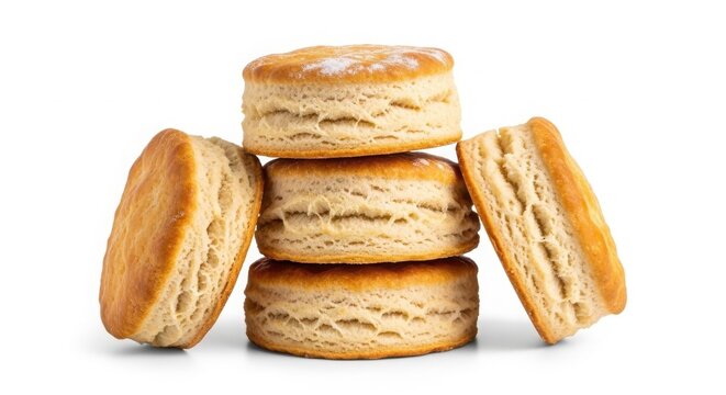 Golden brown buttermilk biscuits stack, fresh flaky southern style biscuits isolated on white, delicious homemade bakery pastry for breakfast