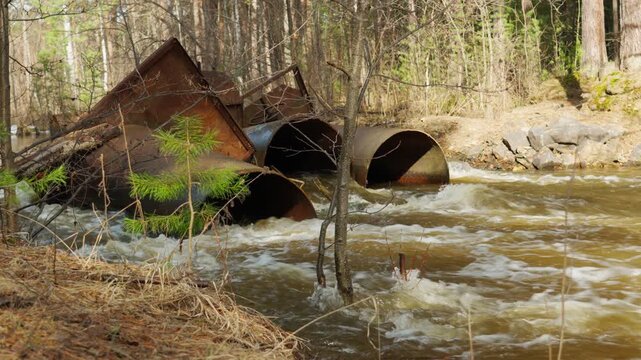 The hydraulic structures (dam) on the forest river were washed away by the spring flood. The period of intense high water.