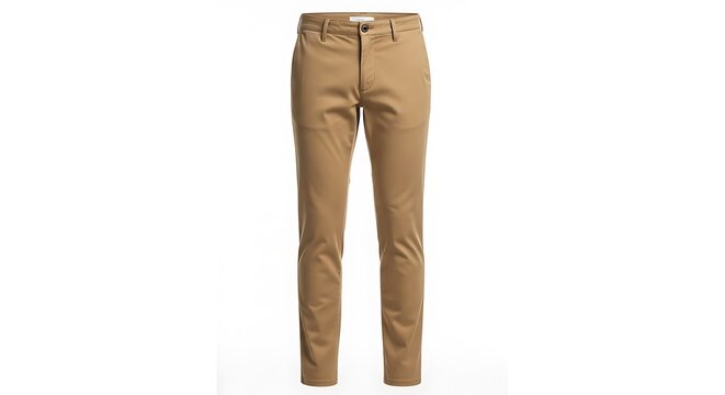 Stylish, tan-colored men's pants isolated on a bright white background