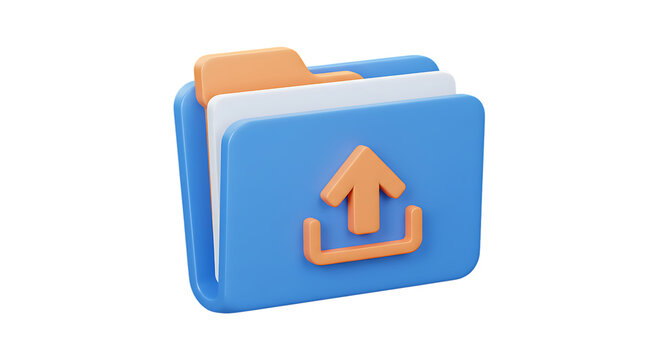 3d icon of blue folder with orange upload icon and tabs isolated on transparent background