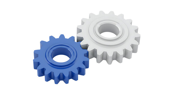 3d icon of two interlocking gears, one blue and one white, isolated on transparent background