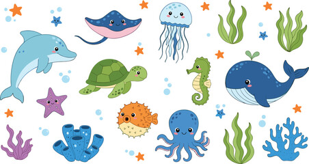 Cute ocean animal vector set with dolphin, blue whale, sea turtle, octopus, stingray, and puffer fish for nautical nursery decor and children's design. © MstRakha