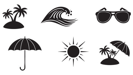 Obraz premium Black silhouettes of summer vacation icons on white background including palm trees wave sunglasses umbrella and sun
