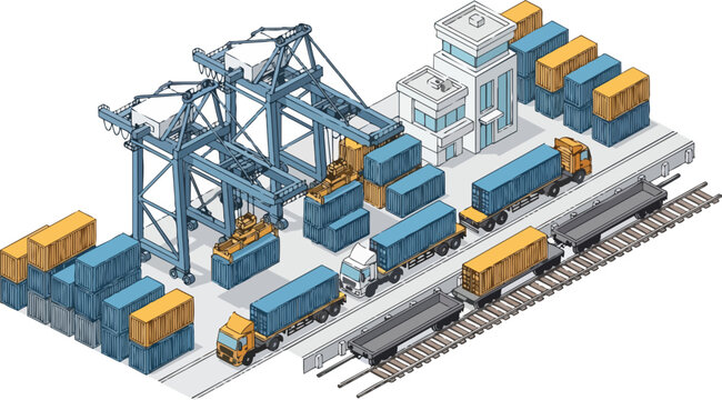 Isometric Logistics Terminal Illustration with Container Cranes, Freight Trucks, and Railway Cargo. Modern Supply Chain and Global Trade Concept on White Background.