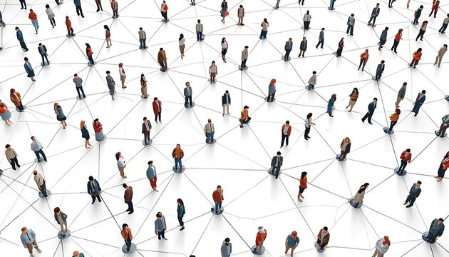 Large group of people standing on geometric network pattern symbolizing social connectivity, communication, and digital systems