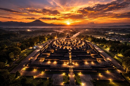 Majestic Borobudur Temple at Sunrise Aerial View, Indonesia - Golden Hour Glow Illuminates Ancient Architecture and Volcanic Landscape