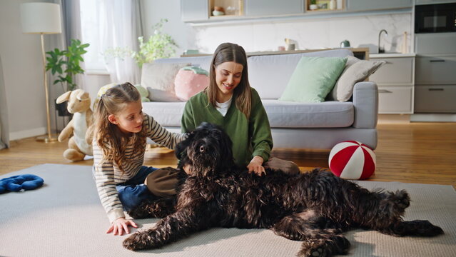 Girl scratching lovely dog behind ears sitting floor together with mom closeup