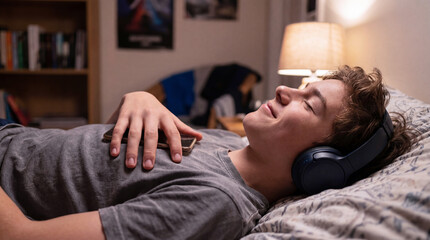 smiling teenage boy lying in bed wearing wireless headphones and listening to music as concept of digital lifestyle relaxation entertainment and peaceful evening rest at home in cozy bedroom