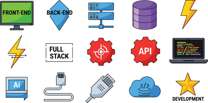 Web Development Icon Set Featuring Front-End, Back-End, Full Stack, API, and Programming Tools