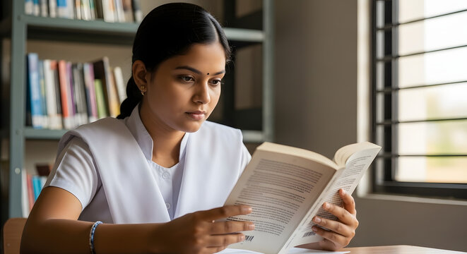 Woman Reading Book with Dark Hair.