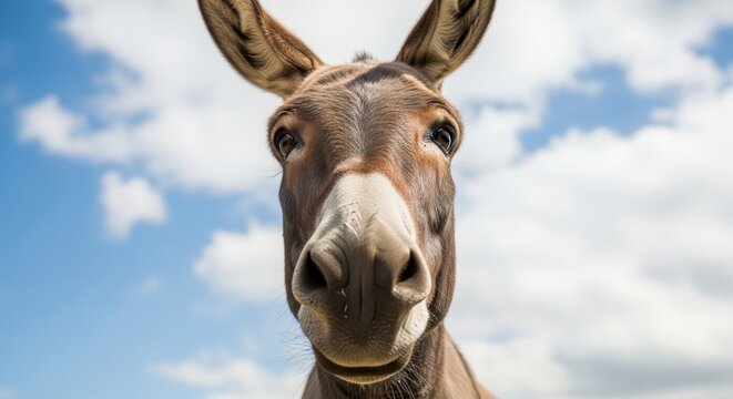 Close-up portrait of a curious donkeys face against a blue sky with clouds.