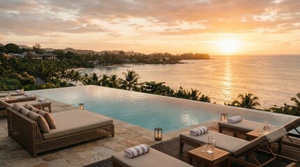 Fototapeta premium Luxury infinity pool overlooking a tropical beach at sunset