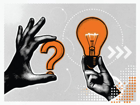 Conceptual illustration of a hand holding a question mark and another hand holding a glowing light bulb on a gray dotted background with arrows