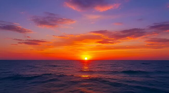 Fiery sunset over the ocean with colorful sky and reflections on water