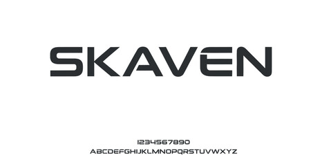 Fototapeta premium A modern font design with the word SKAVEN and numbers and letters on a white background