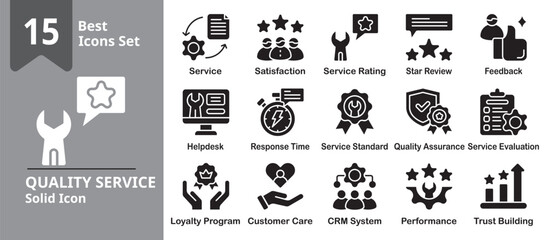 Fototapeta premium Quality Service Icon set. Including quality, service, support, customer, satisfaction, rating and more. Solid vector icons collection. Vector Illustration.