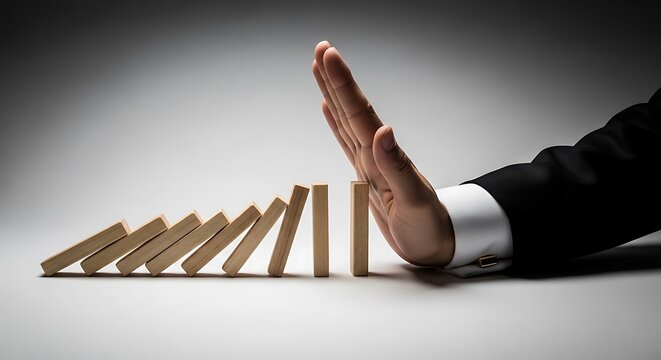A suited hand stops a row of falling wooden dominoes, lit dramatically against a gray backdrop