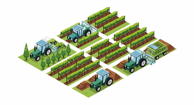 Isometric Smart Farming Concept with Autonomous Solar-Powered Tractors and Vineyard. Precision agriculture illustration showing sustainable harvesting and crop management.