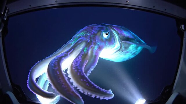 A glowing octopus in dark underwater marine environment