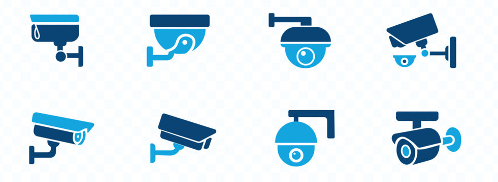 A collection of blue security camera icons displays various styles and mounting positions representing surveillance technology high quality professional detailed modern elegant stylish