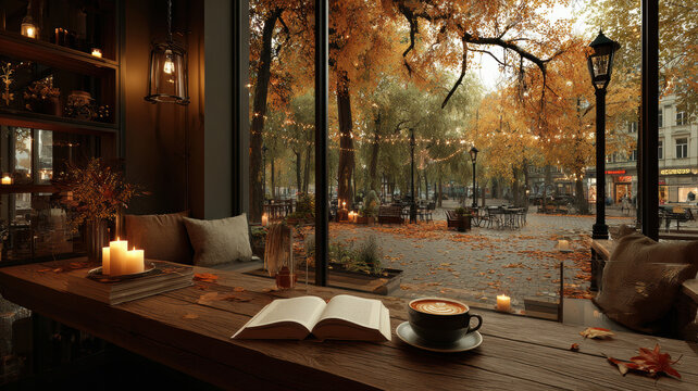 Spring Summer outdoor leisure relaxation activity. A detailed, realistic depiction of a cozy, autumnal cafe interior. The main subject is a wooden table with a cup of cappuccino, a book.