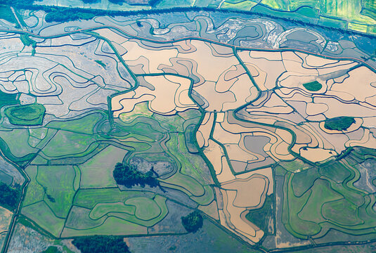 aerial of rural landscape like rice paddies but fields near Porto Alegre, at river Rio Jacu&iacute; near  Porto Batista
