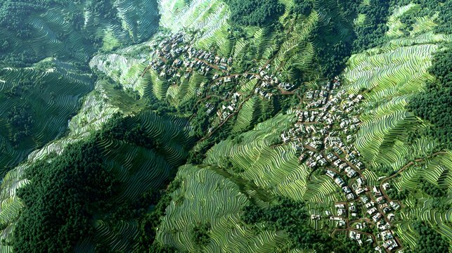 terraced rice fields outlined by expanding gridlines connecting rural homes across terrain + wide hillside with visible expansion paths + soft gradient daylight enhancing outward growth + aerial top p