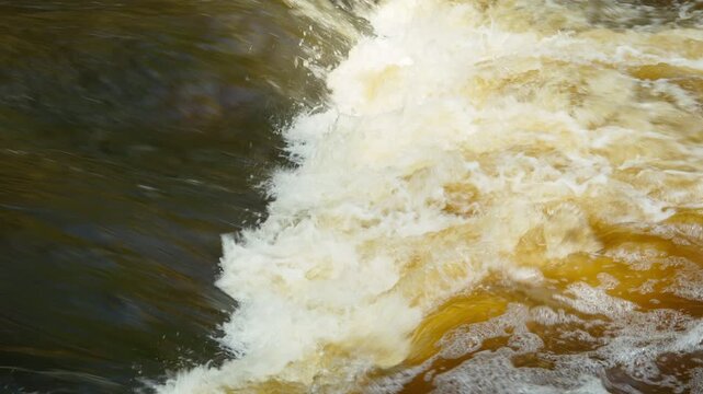 A close-up of the threshold of a mountain river with brown water. The murmur of water. Wildlife.
