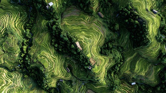 terraced rice fields grouped into pulsing clusters connecting rural homes across terrain + mountainous region with distinct clustered cultivation areas + neutral daylight ensuring visual coherence + a