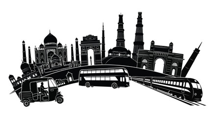 Obraz premium Indian landmarks and transportation in a striking black silhouette high quality