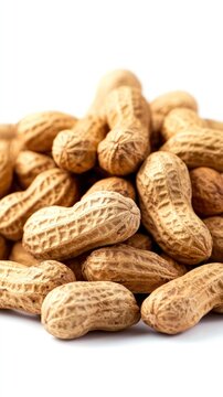Pile of raw peanuts on white background