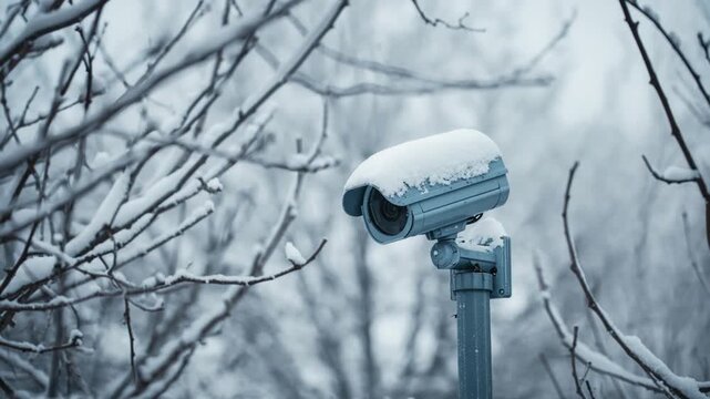 Outdoor security camera covered in snow on a pole surrounded by snow-covered branches in winter surveillance