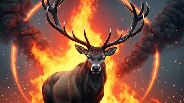 A majestic elk stands boldly in front of a blazing inferno with smoke.
