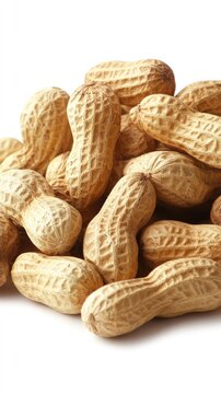Pile of unshelled peanuts on white background