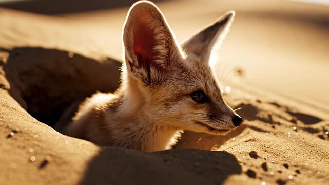 Tiny Fennec Fox Peeking From Desert Burrow