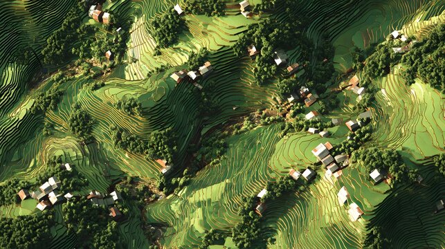 terraced rice fields forming chained sequences connecting rural homes across terrain + elongated rural landscape with sequential agricultural layers + soft diffused daylight ensuring cohesion + aerial