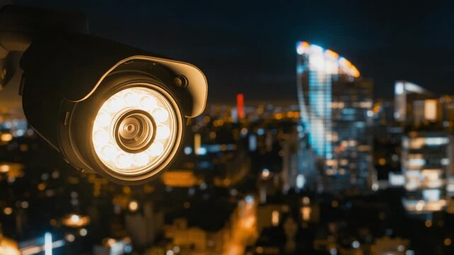 Security camera with illuminated LE Ds in the foreground overlooking a blurred city skyline at night