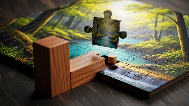 Puzzle piece with forest landscape