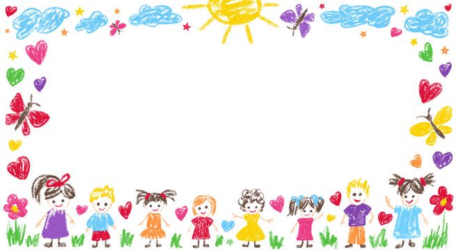 Kindergarten box border with frame crayon pastel and pencil text kid. Drawn shape drawing with heart cute child and childish day gift. Kids background kindergarten with chalk frame.