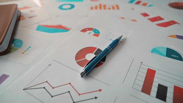 Several sheets of paper with colorful graphs and charts are spread across a workspace table. A blue pen rests on the documents, indicating an active analysis of financial data