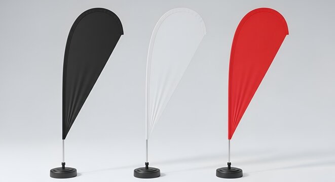 Three realistic blank teardrop banner mockups in black white and red colors stand vertically to showcase your professional marketing branding designs in a clean and simple studio isolated setting