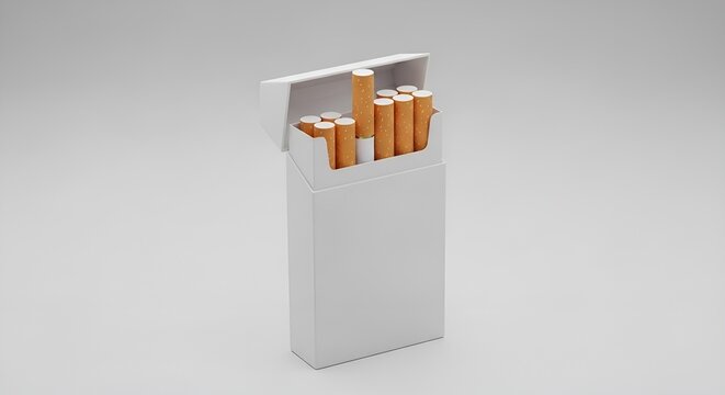 Open white cardboard cigarette pack displaying multiple tobacco cigarettes standing upright inside the packaging against a simple studio background for commercial product photography advertisement con