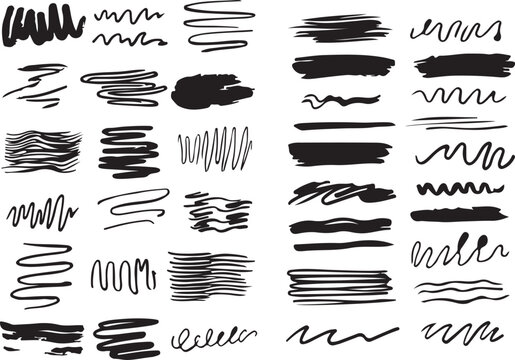 Black Marker Brush Strokes, Grunge Scribbles, Hatching Lines, and Abstract Wavy Patterns for Distressed Graphic Design,