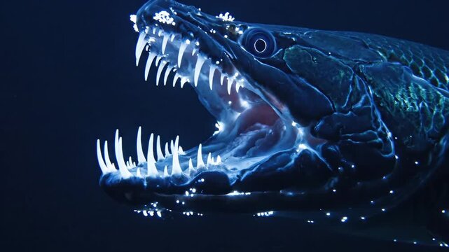 A glowing predatory fish with sharp teeth in the dark water