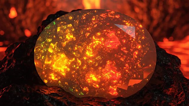 A glowing opal gemstone amidst fiery lava and erupting rock