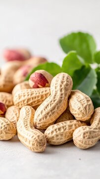 Raw peanuts with leaves on white background