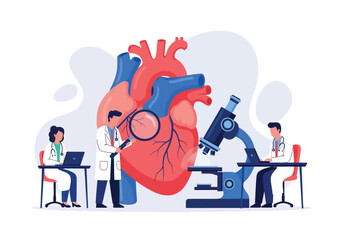 Fototapeta premium Flat style vector illustration of doctors examining human heart with magnifying glass, cardiology healthcare concept, cardiovascular diagnosis and medical research teamwork