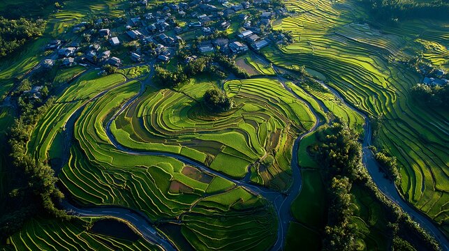 terraced rice fields arranged in orbital pathways revolving around rural homes across terrain + elevated landscape with curved agricultural trajectories + soft twilight lighting enhancing orbital moti