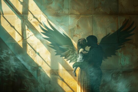 Romantic angel couple embracing with wings